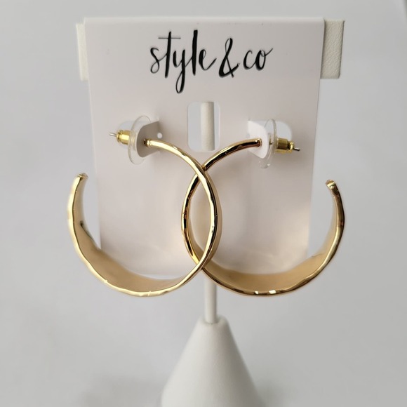 Style & Co Hammered Metal Medium Hoop Earrings 1-1/2" Gold Plated NEW - Picture 4 of 8